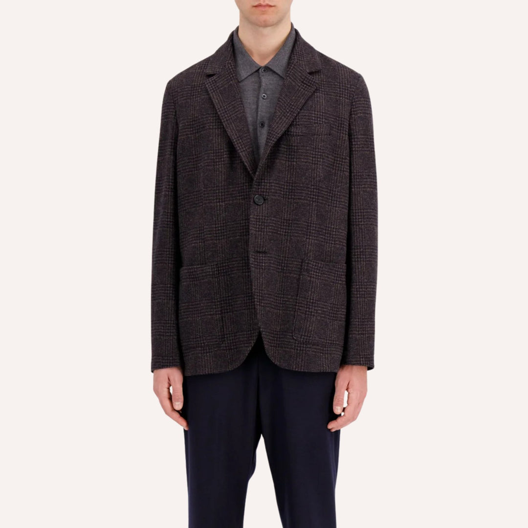 Dark Brown & Navy Glencheck Wool Cotton Stretch Blazer