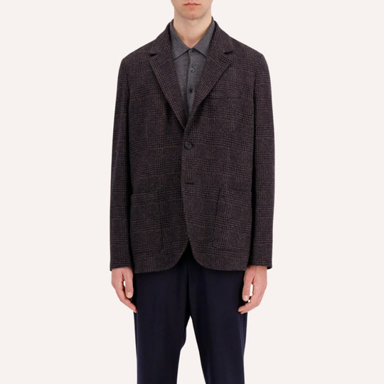 Dark Brown & Navy Glencheck Wool Cotton Stretch Blazer
