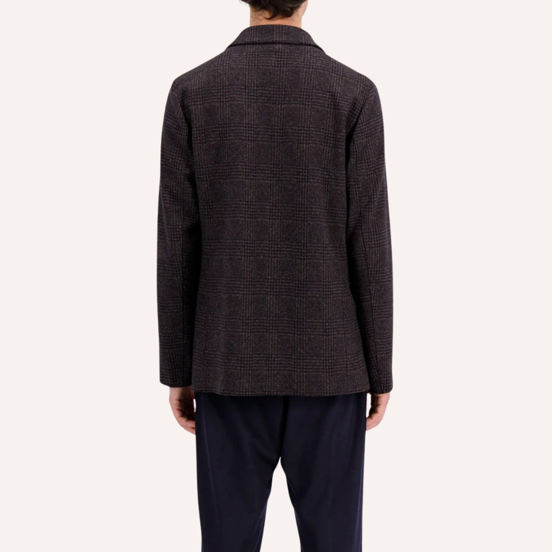 Dark Brown & Navy Glencheck Wool Cotton Stretch Blazer