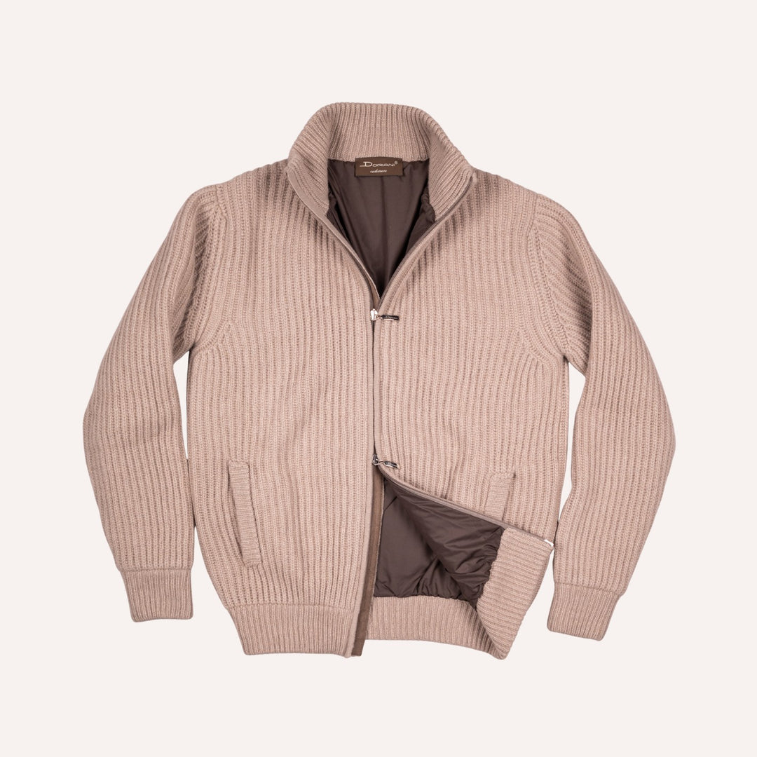 Taupe Cashmere Wool Lined Zip Cardigan