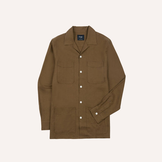 Khaki Linen Four-Pocket Camp Collar Work Shirt