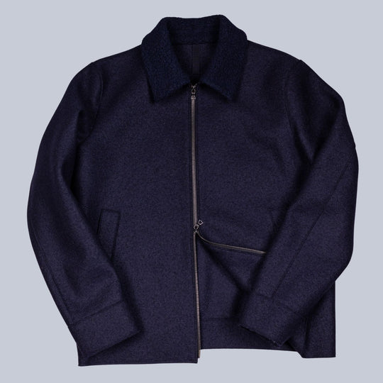 Navy Pressed Wool Bouclé Collar Golf Jacket