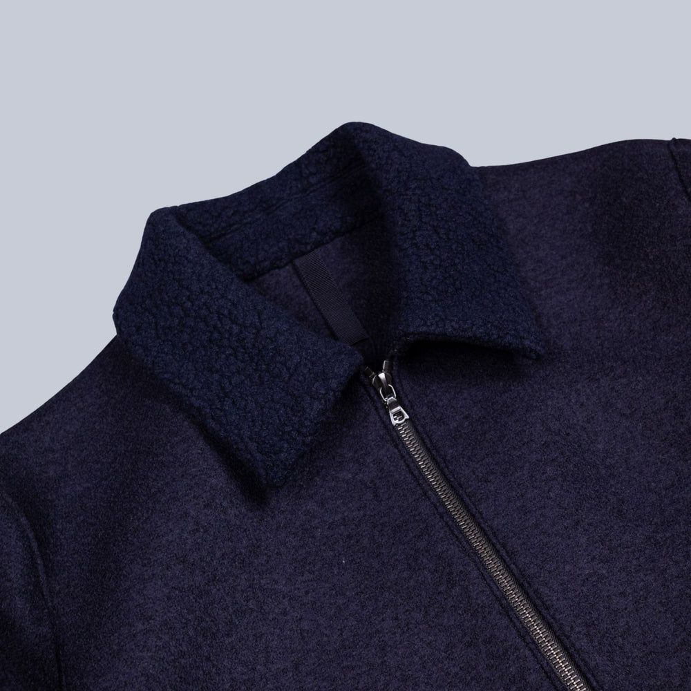 Navy Pressed Wool Bouclé Collar Golf Jacket
