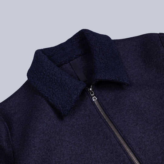 Navy Pressed Wool Bouclé Collar Golf Jacket