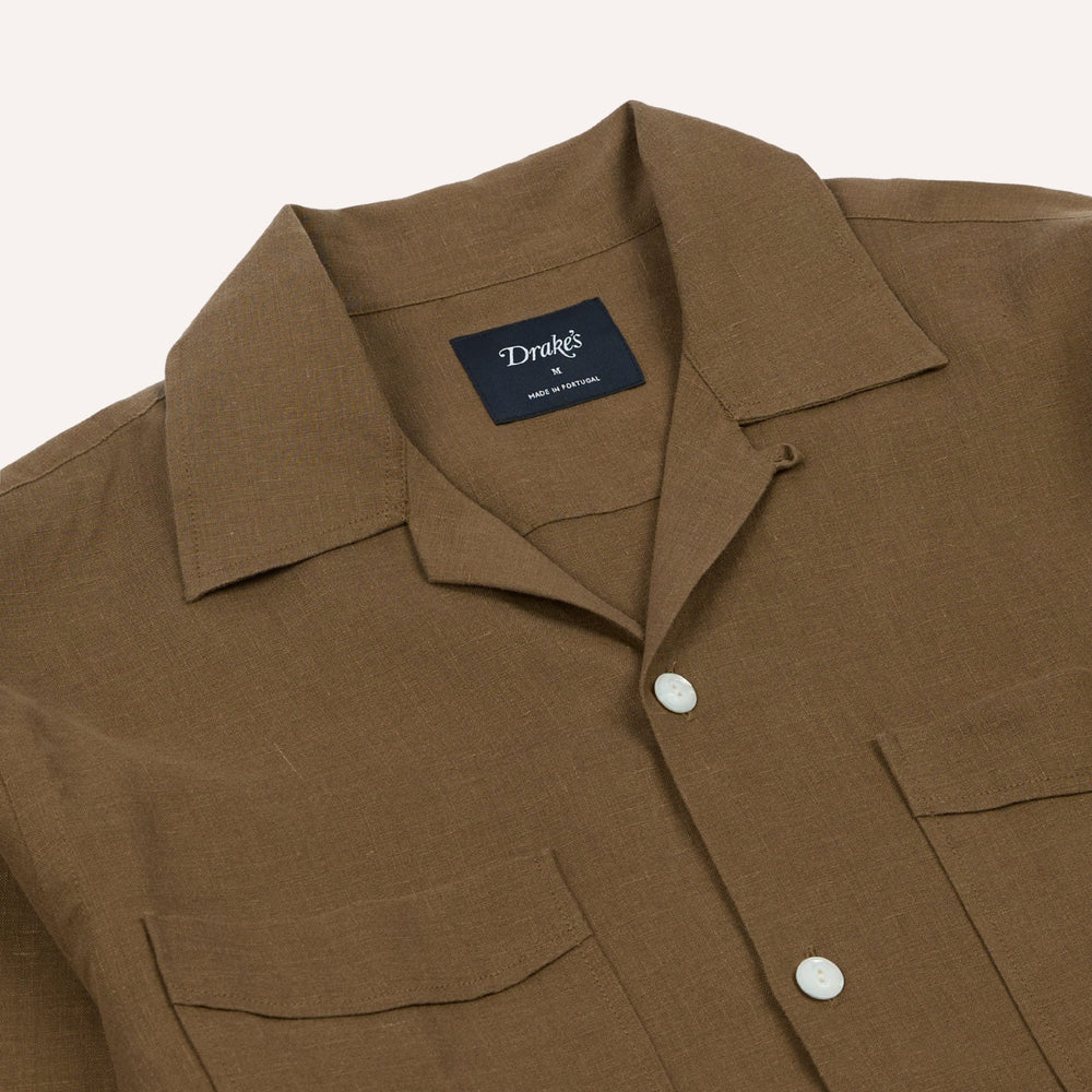 Khaki Linen Four-Pocket Camp Collar Work Shirt