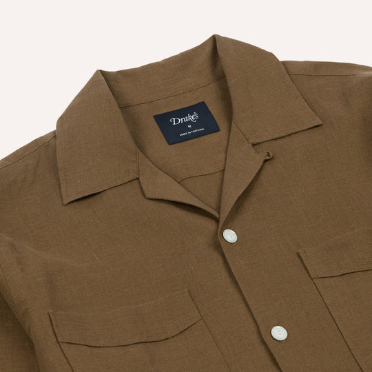 Khaki Linen Four-Pocket Camp Collar Work Shirt