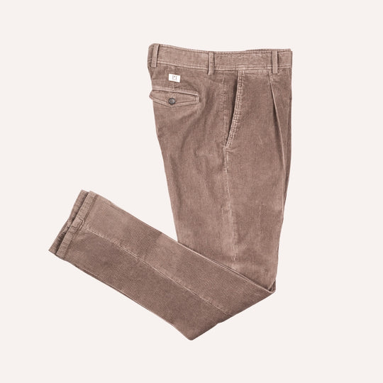 Washed Taupe Corduroy One Pleat Officer Chino - Tapered Fit