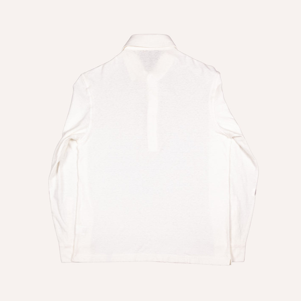 White Cotton Linen Long Sleeve Polo Shirt