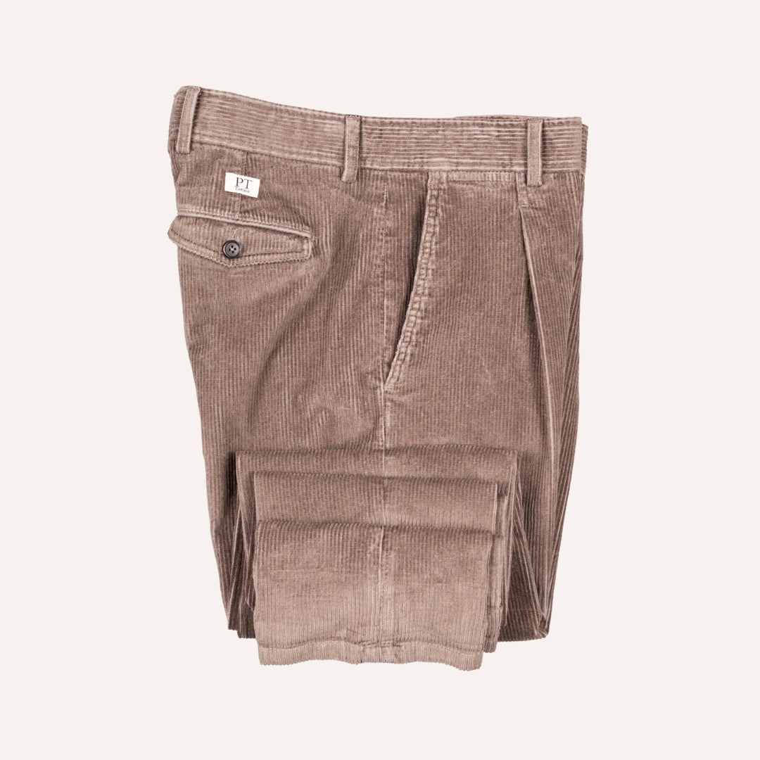 Washed Taupe Corduroy One Pleat Officer Chino - Tapered Fit