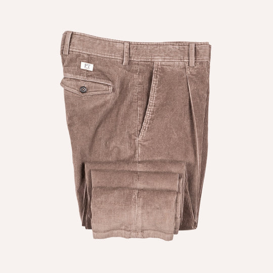 Washed Taupe Corduroy One Pleat Officer Chino - Tapered Fit