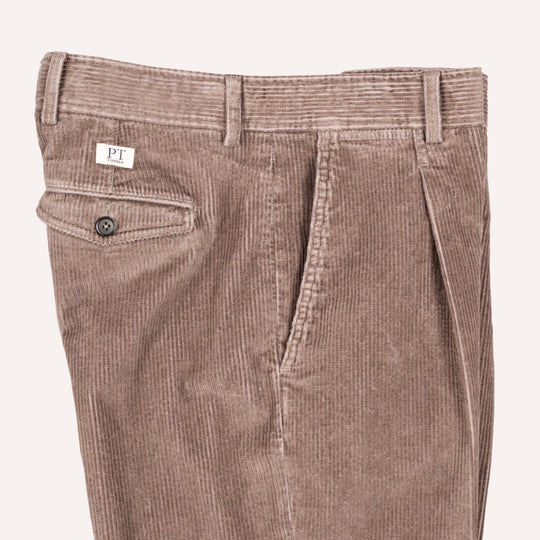 Washed Taupe Corduroy One Pleat Officer Chino - Tapered Fit