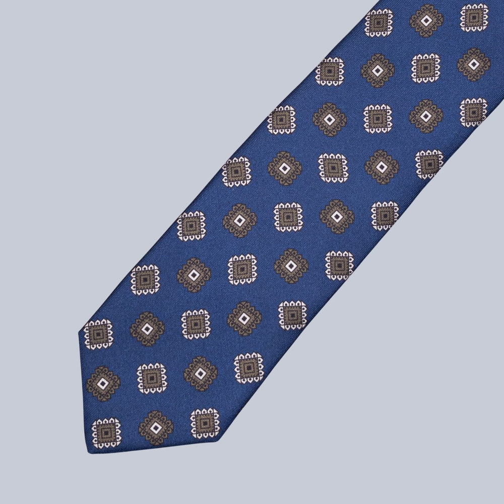 Navy Brown & Cream Medallion Pattern Tie