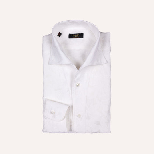 Cream White Linen Flower Print One Piece Collar Shirt