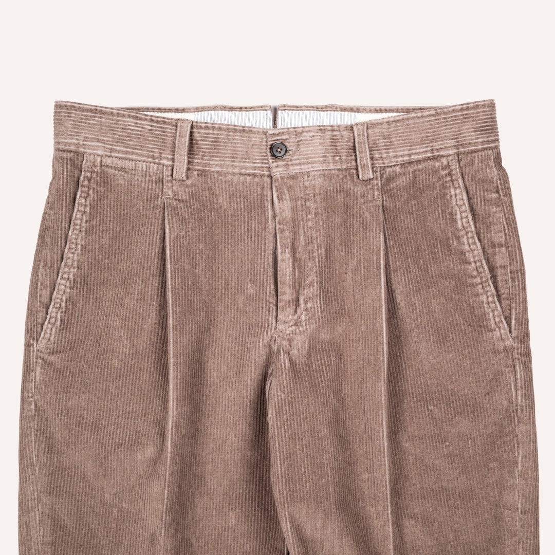 Washed Taupe Corduroy One Pleat Officer Chino - Tapered Fit