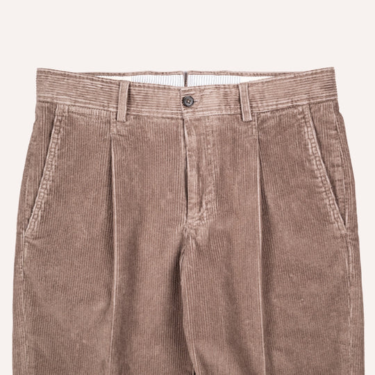 Washed Taupe Corduroy One Pleat Officer Chino - Tapered Fit