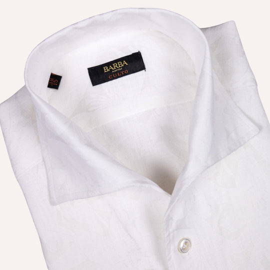 Cream White Linen Flower Print One Piece Collar Shirt