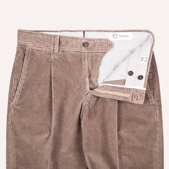 Washed Taupe Corduroy One Pleat Officer Chino - Tapered Fit