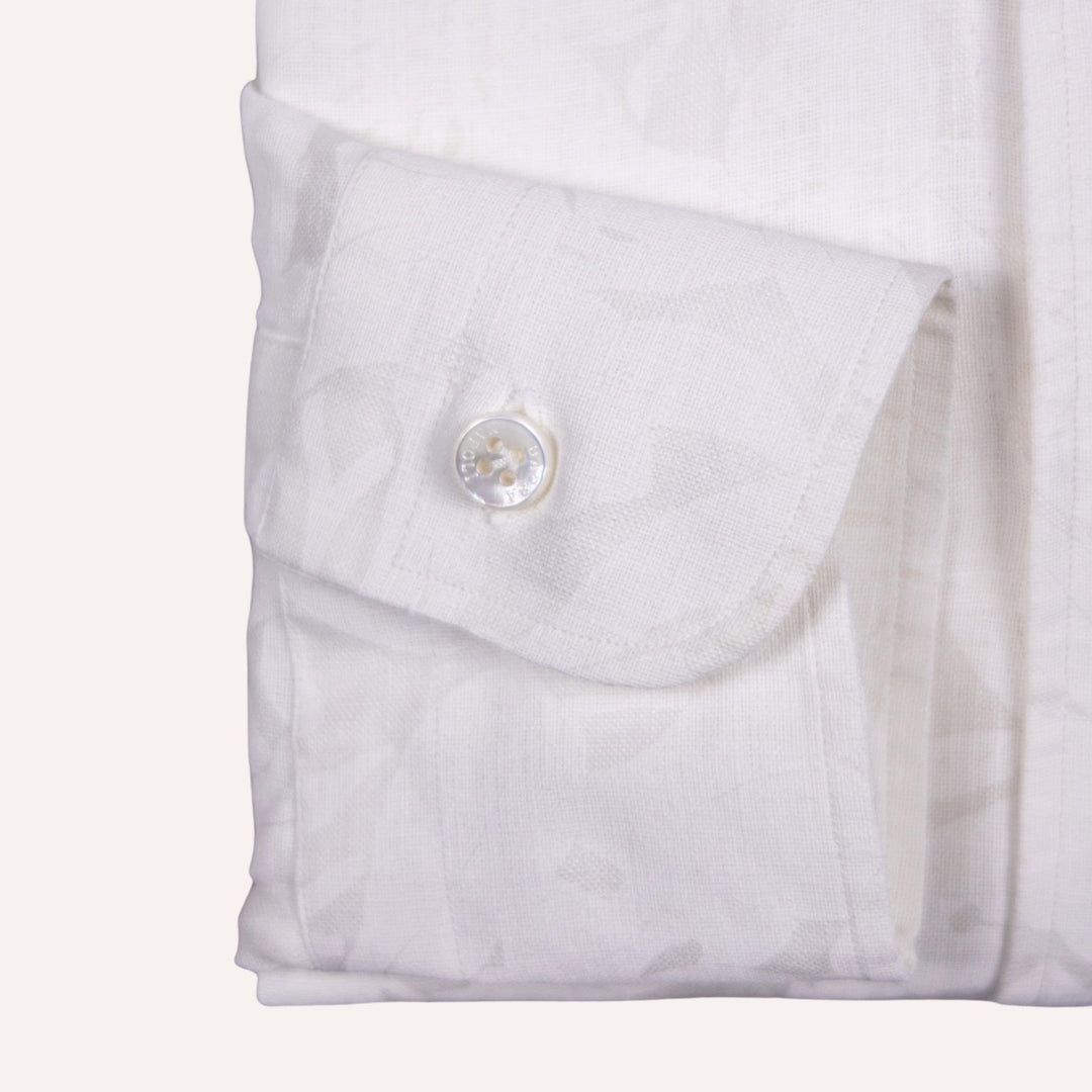 Cream White Linen Flower Print One Piece Collar Shirt