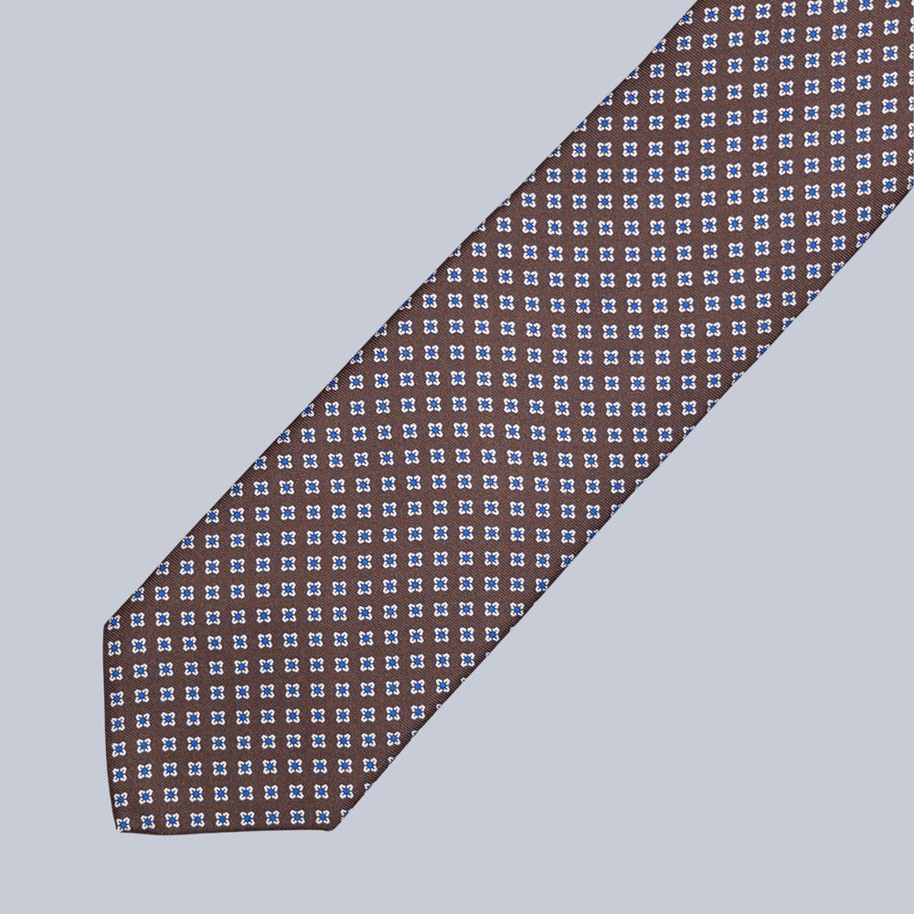 Brown Navy & White Geometric Pattern Tie