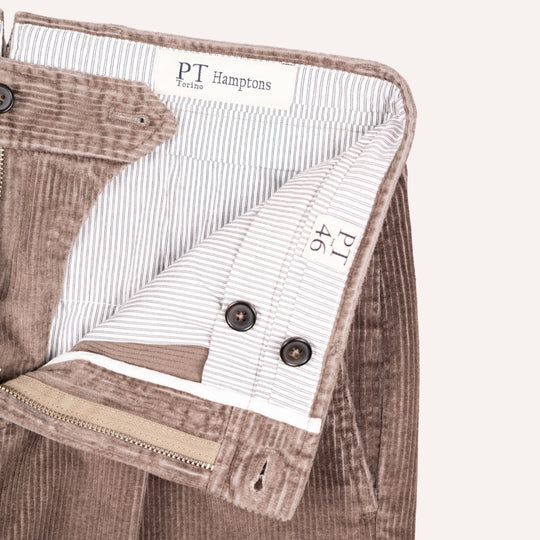 Washed Taupe Corduroy One Pleat Officer Chino - Tapered Fit