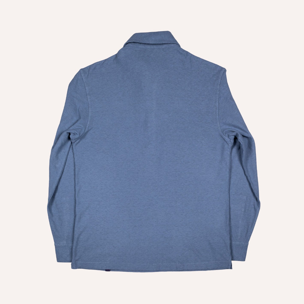 Prussian Blue Cotton Linen Long Sleeve Polo Shirt