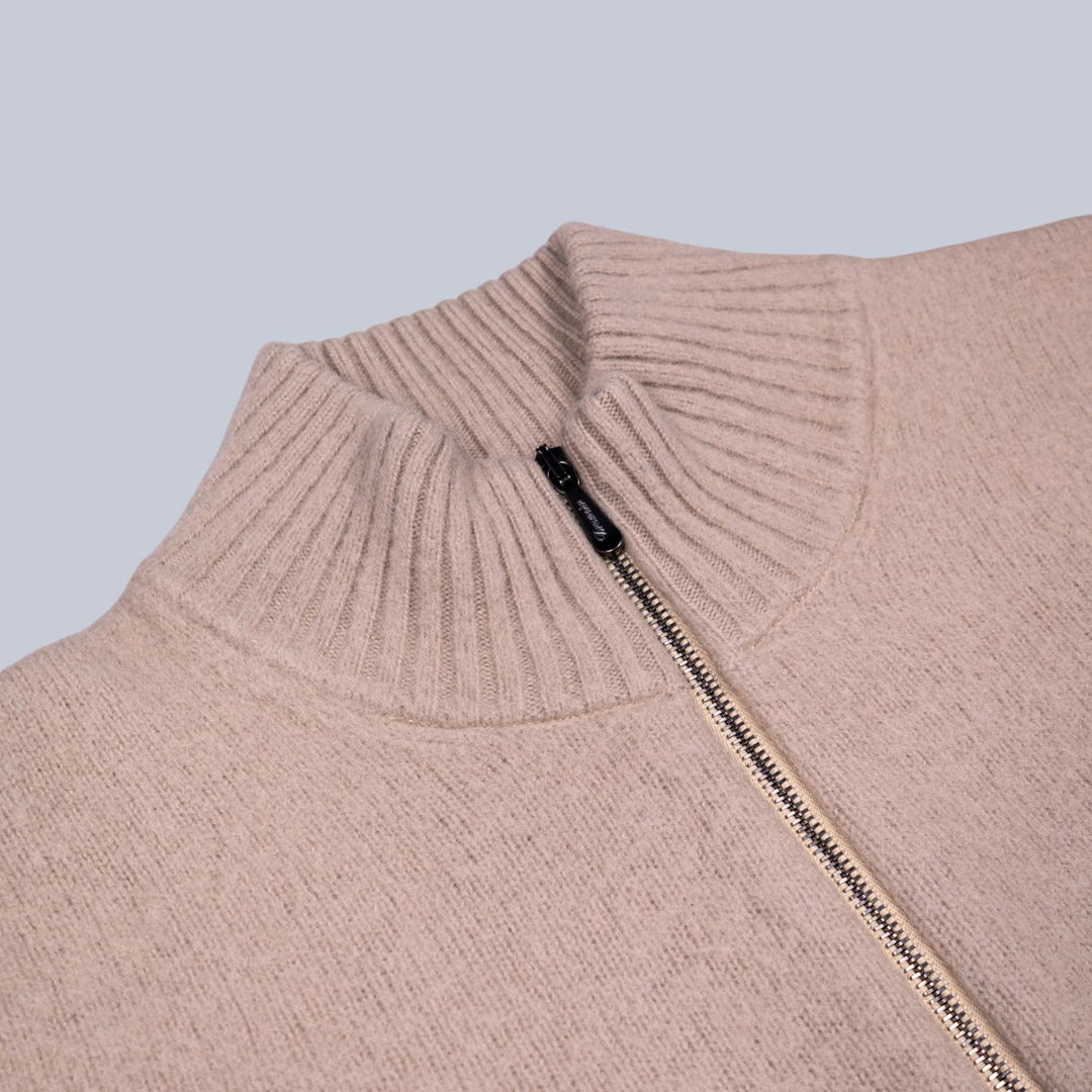 Sesame Beige Lambswool Full Zip Sweater