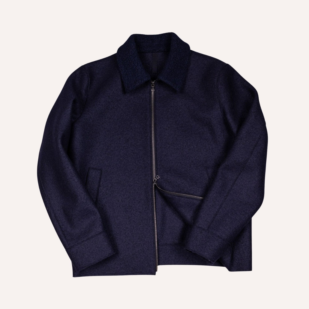 Navy Pressed Wool Bouclé Collar Golf Jacket