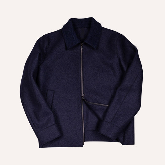 Navy Pressed Wool Bouclé Collar Golf Jacket