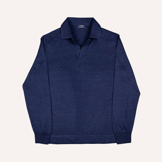 Navy Linen Cotton Long Sleeve Polo