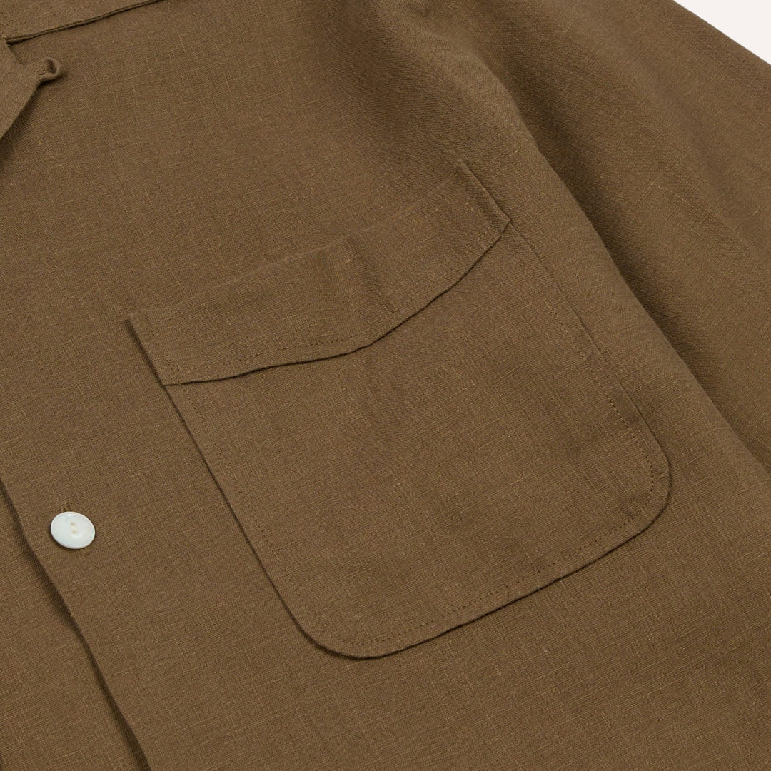 Khaki Linen Four-Pocket Camp Collar Work Shirt