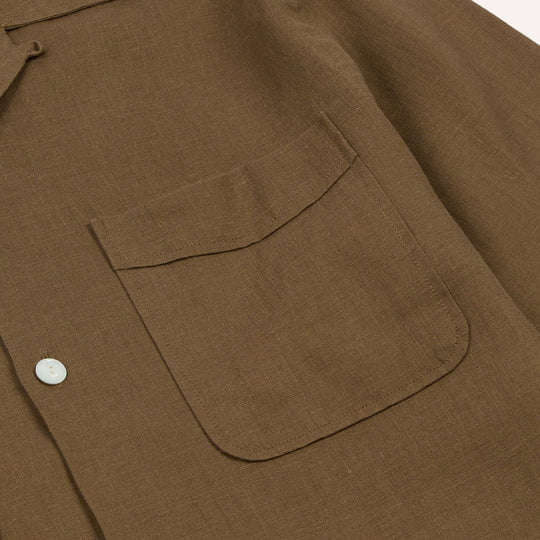 Khaki Linen Four-Pocket Camp Collar Work Shirt