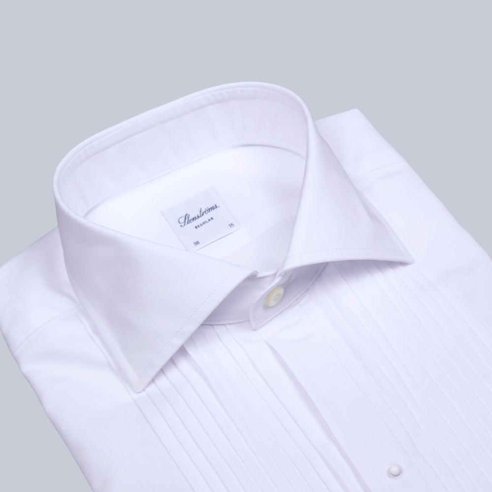 White Pleated Front Regular Fit Tuxedo Shirt