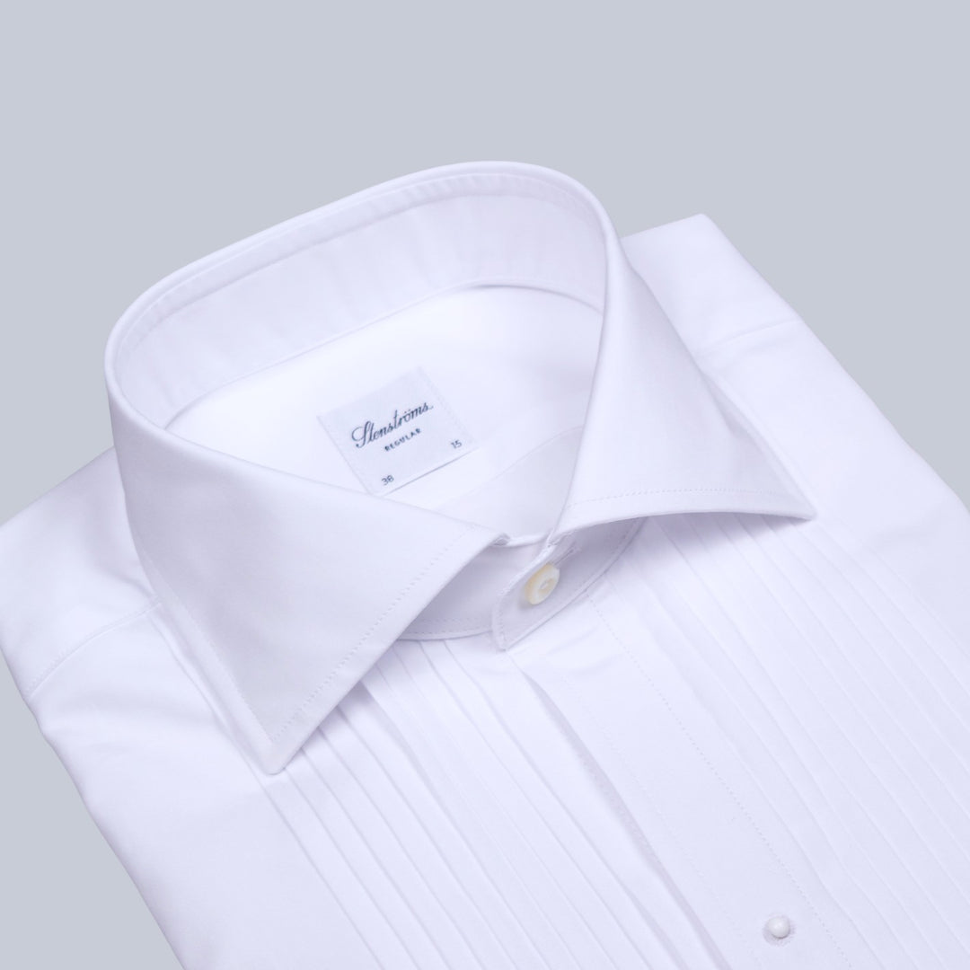 White Pleated Front Regular Fit Tuxedo Shirt