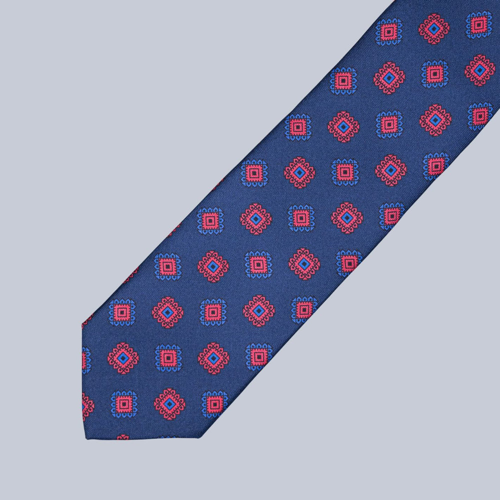 Navy Red & Blue Medallion Pattern Tie