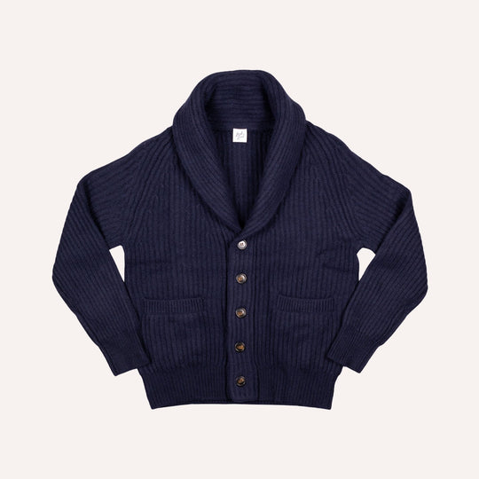Navy Heavy Knitted Cashmere Shawl Collar Cardigan