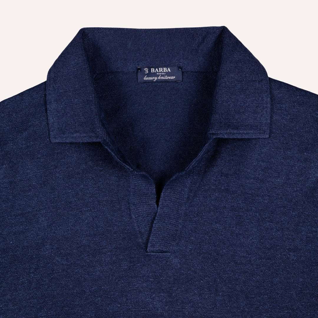 Navy Linen Cotton Long Sleeve Polo