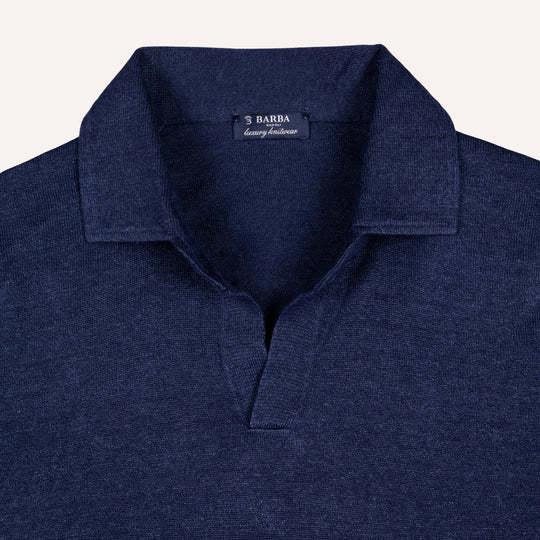 Navy Linen Cotton Long Sleeve Polo