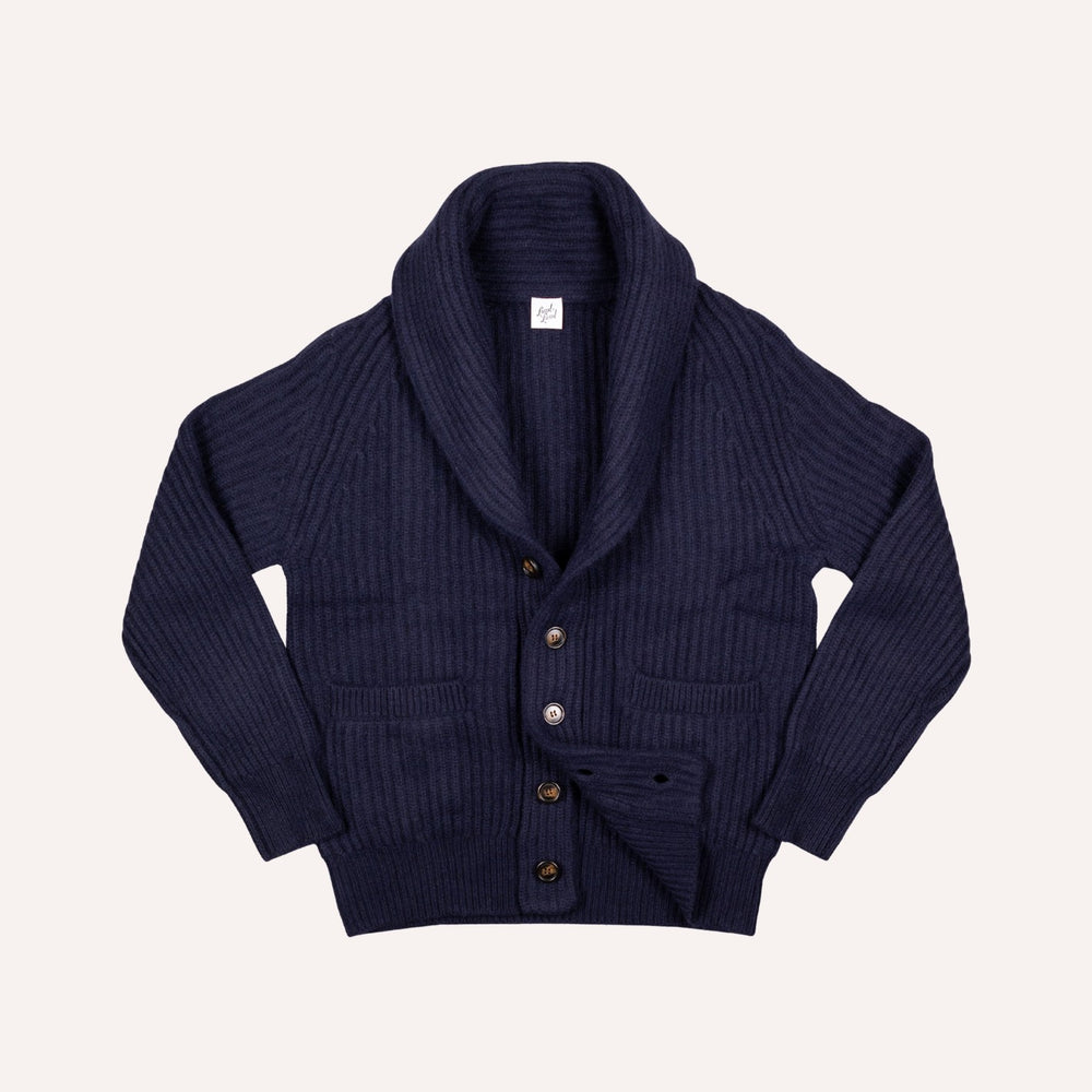 Navy Heavy Knitted Cashmere Shawl Collar Cardigan