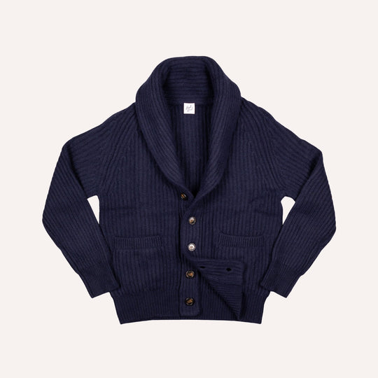 Navy Heavy Knitted Cashmere Shawl Collar Cardigan