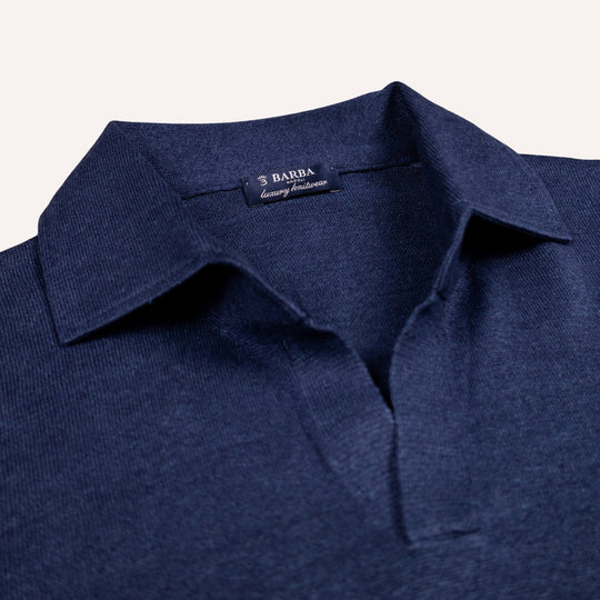 Navy Linen Cotton Long Sleeve Polo