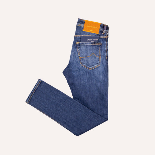 Dark Blue Washed Cotton Stretch Jeans - Slim Fit