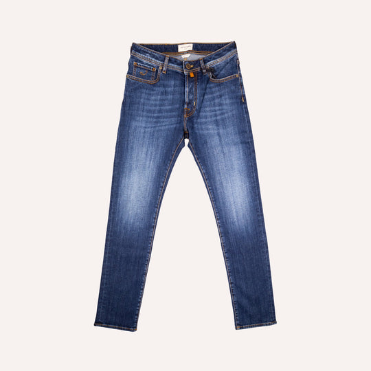 Dark Blue Washed Cotton Stretch Jeans - Slim Fit