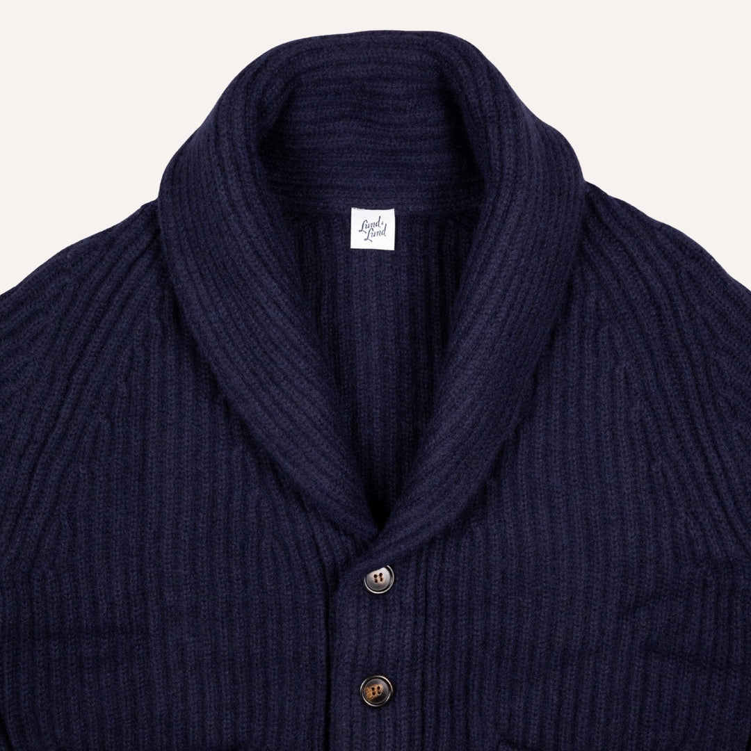 Navy Heavy Knitted Cashmere Shawl Collar Cardigan
