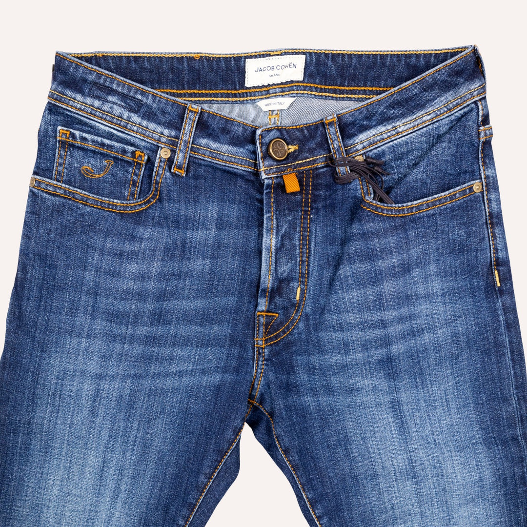 Dark Blue Washed Cotton Stretch Jeans - Slim Fit