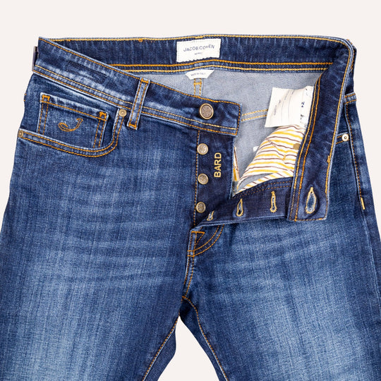 Dark Blue Washed Cotton Stretch Jeans - Slim Fit