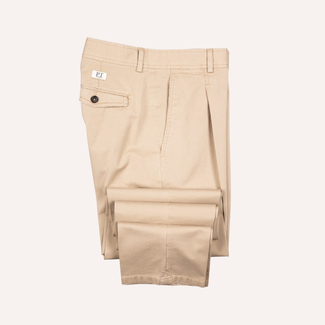 Washed Khaki Cotton One Pleat Officer Chino - Tapered Fit