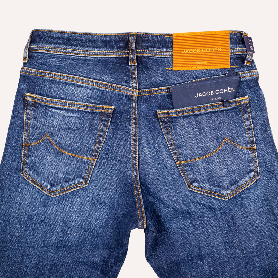 Dark Blue Washed Cotton Stretch Jeans - Slim Fit