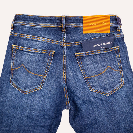 Dark Blue Washed Cotton Stretch Jeans - Slim Fit