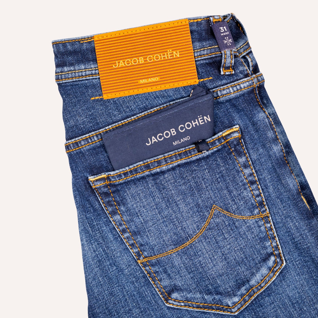Dark Blue Washed Cotton Stretch Jeans - Slim Fit