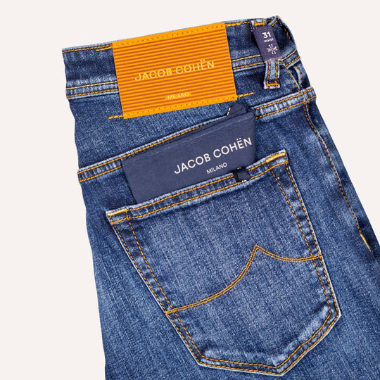Dark Blue Washed Cotton Stretch Jeans - Slim Fit